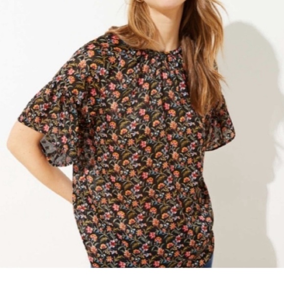 Ann Taylor LOFT Black Pink Floral Blouse Gold Metallic Stripe size small - Picture 1 of 7